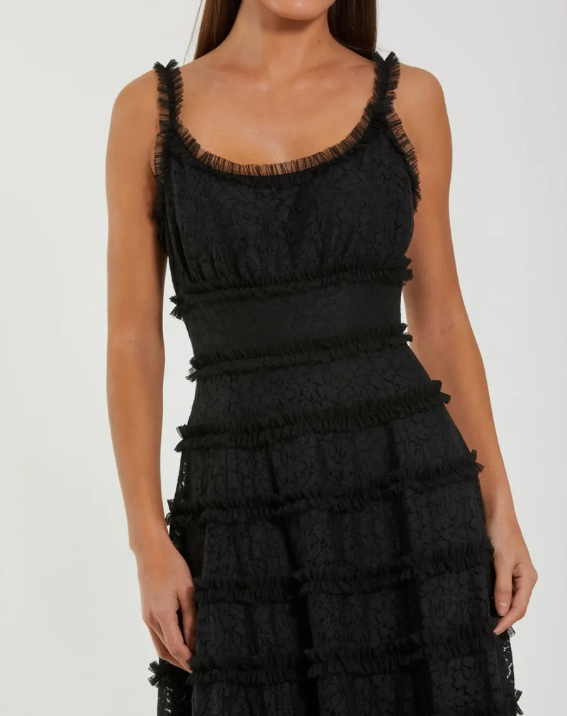 Black Sleeveless Lace A Line Midi Dress With Ruffles by Mac Duggal in black color for women Worldwide