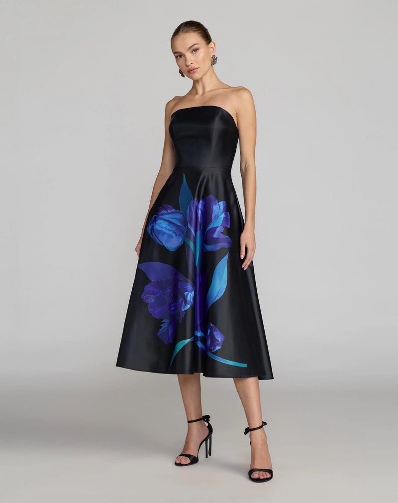 21075-Black Strapless Satin Midi Dress With Flower Print polyester cocktail-and-party-dresses by Mac Duggal in multi-color for women Worldwide