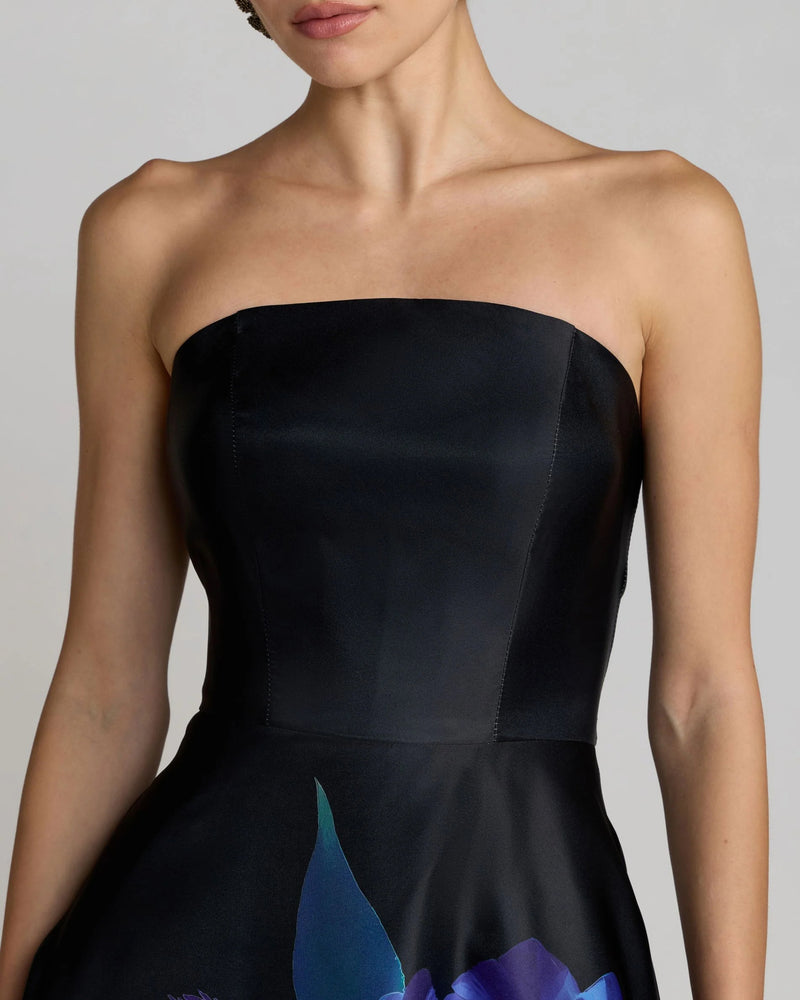 21075-Black Strapless Satin Midi Dress With Flower Print polyester cocktail-and-party-dresses by Mac Duggal in multi-color for women Worldwide