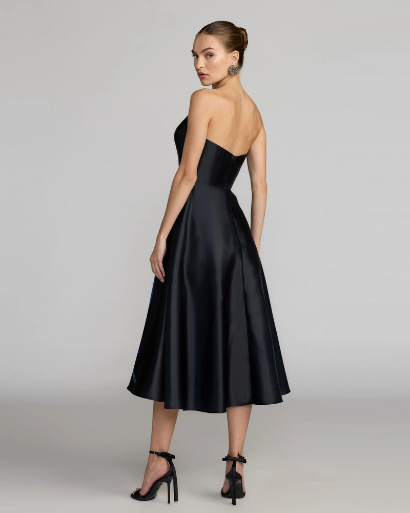 21075-Black Strapless Satin Midi Dress With Flower Print polyester cocktail-and-party-dresses by Mac Duggal in multi-color for women Worldwide