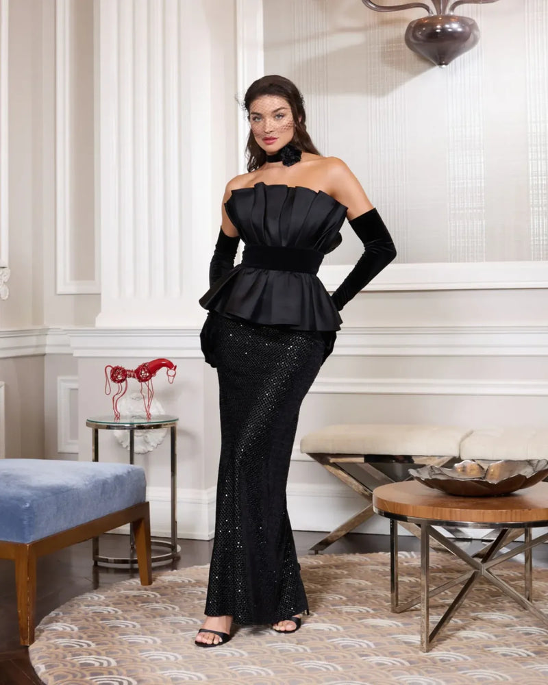 Black Strapless Satin Peplum Sequin Column Gown satin by Mac Duggal in black color for women Worldwide