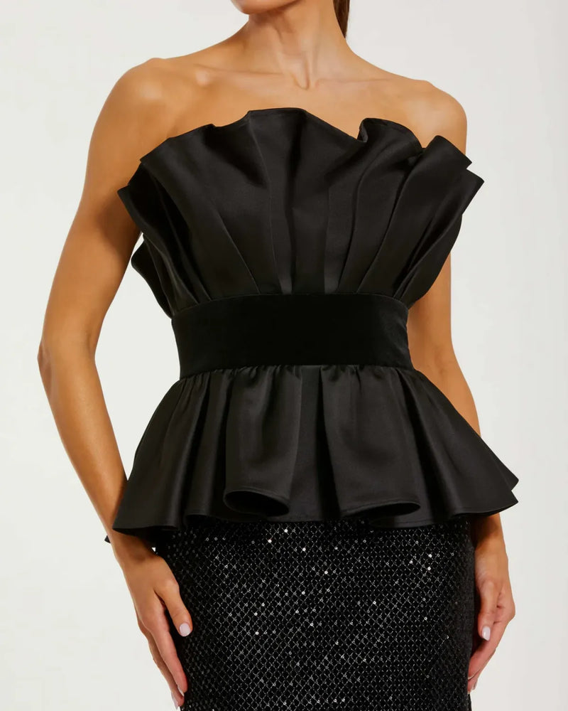 Black Strapless Satin Peplum Sequin Column Gown satin by Mac Duggal in black color for women Worldwide