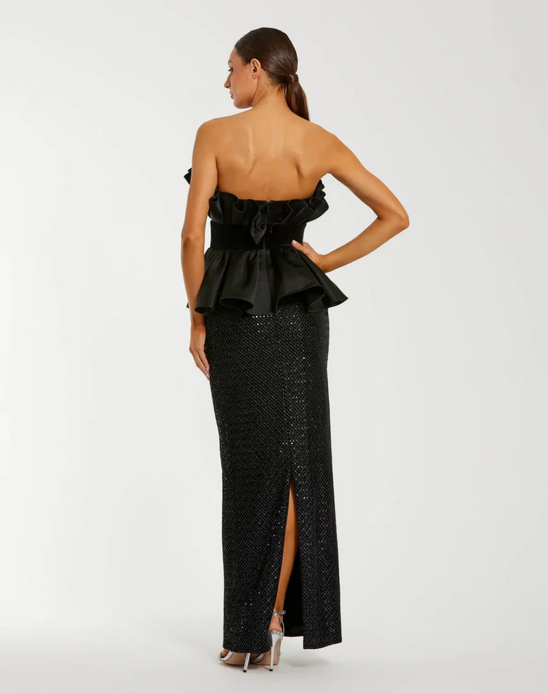 Black Strapless Satin Peplum Sequin Column Gown satin by Mac Duggal in black color for women Worldwide