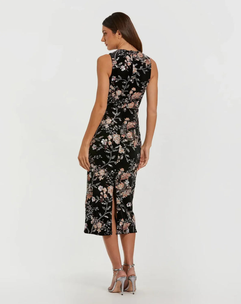 Black Velvet High Neck Sequined Midi Dress with Multicolor Embroidery mul by Mac Duggal in black color for women Worldwide