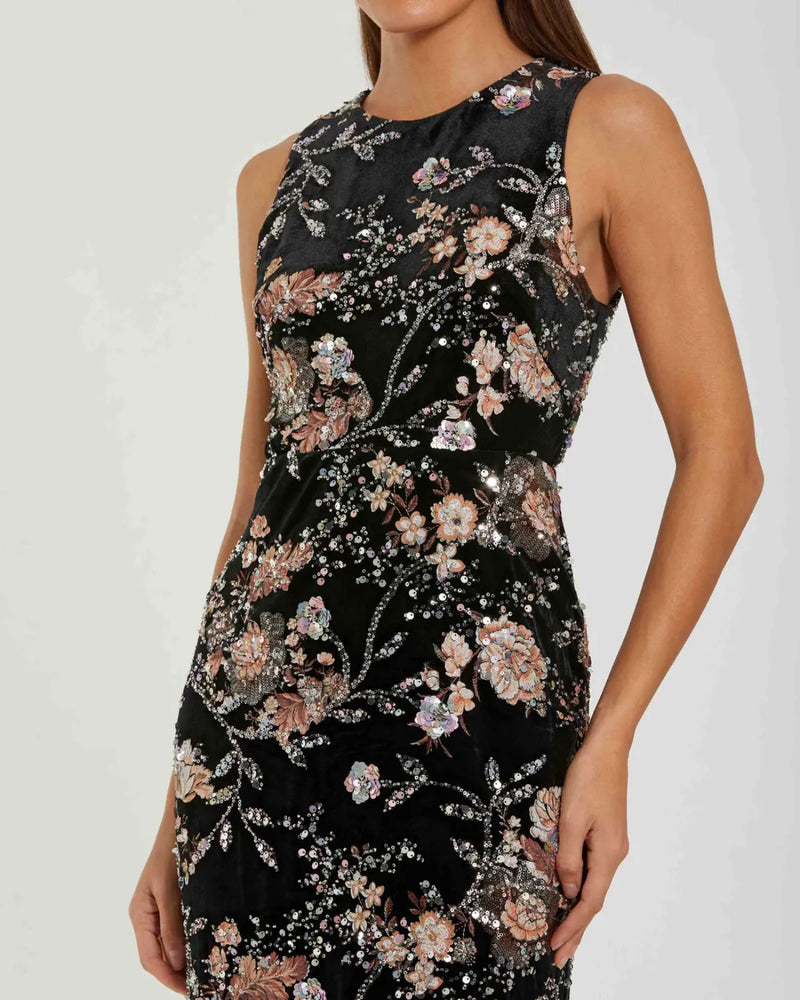 Black Velvet High Neck Sequined Midi Dress with Multicolor Embroidery mul by Mac Duggal in black color for women Worldwide