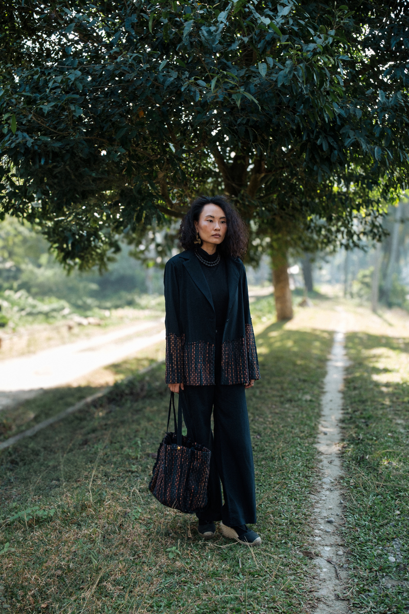 Upcycled Handwoven Sailor Flared Pants - Black cotton by The Terra Tribe in black color for women Worldwide