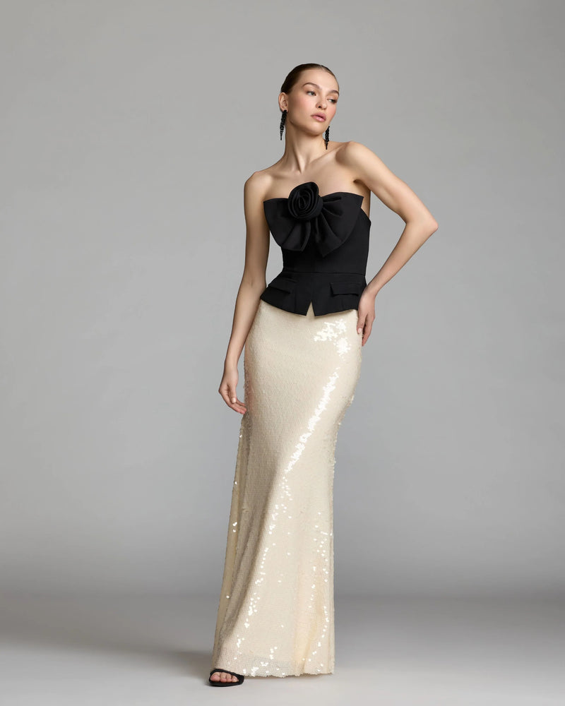 27793-Black and Ivory Strapless Peplum Sequin Evening Gown polyester cocktail-and-party-dresses by Mac Duggal in black, ivory for women Worldwide