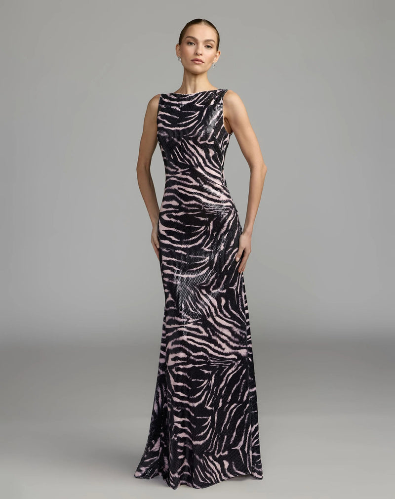 27860-Black and Pink Tiger Print Cowl Back Sequin Gown polyester evening-gowns by Mac Duggal in multi-color for women Worldwide