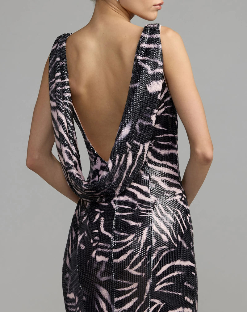 27860-Black and Pink Tiger Print Cowl Back Sequin Gown polyester evening-gowns by Mac Duggal in multi-color for women Worldwide