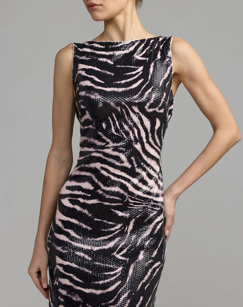 27860-Black and Pink Tiger Print Cowl Back Sequin Gown polyester evening-gowns by Mac Duggal in multi-color for women Worldwide