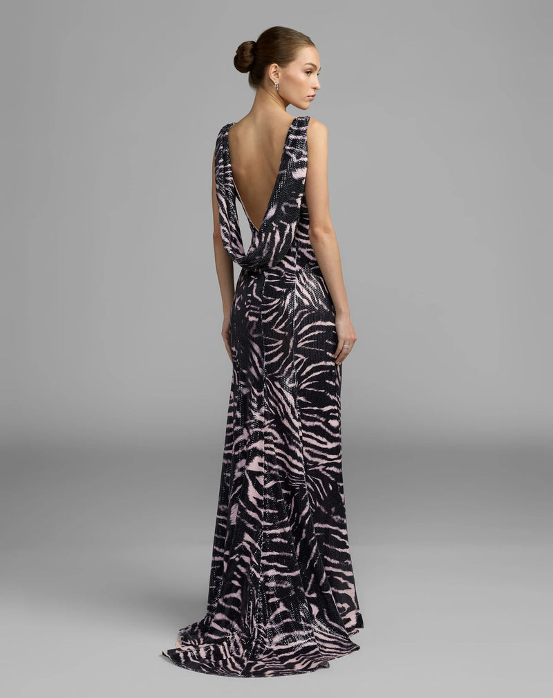 27860-Black and Pink Tiger Print Cowl Back Sequin Gown polyester evening-gowns by Mac Duggal in multi-color for women Worldwide
