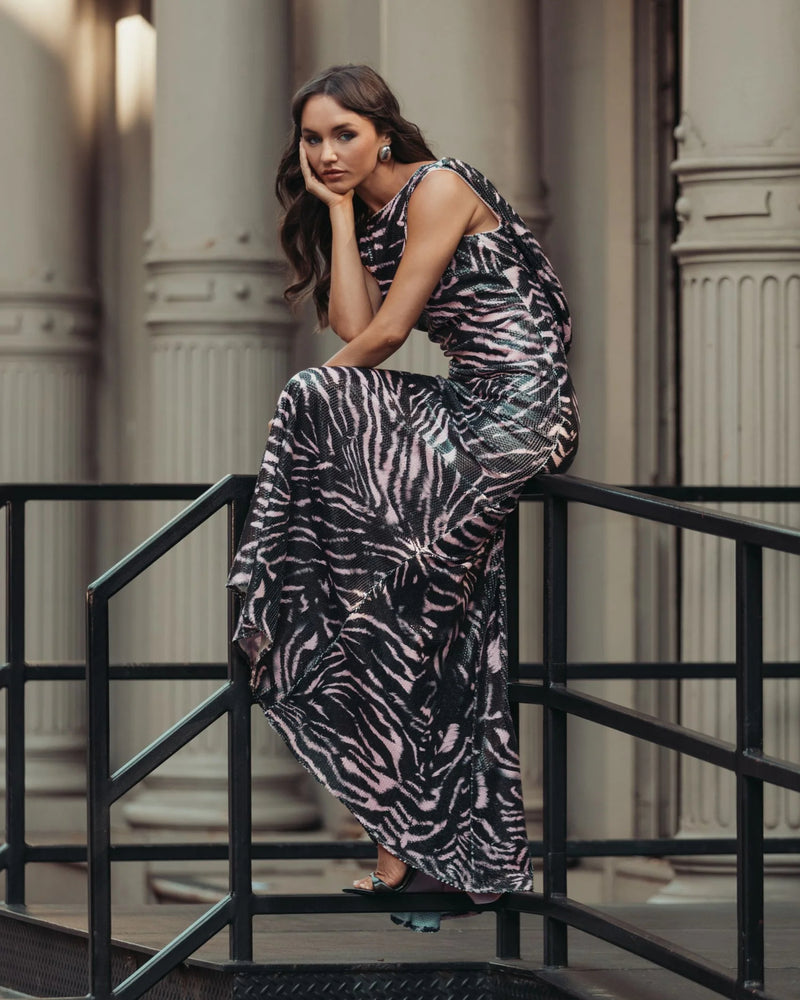 27860-Black and Pink Tiger Print Cowl Back Sequin Gown polyester evening-gowns by Mac Duggal in multi-color for women Worldwide
