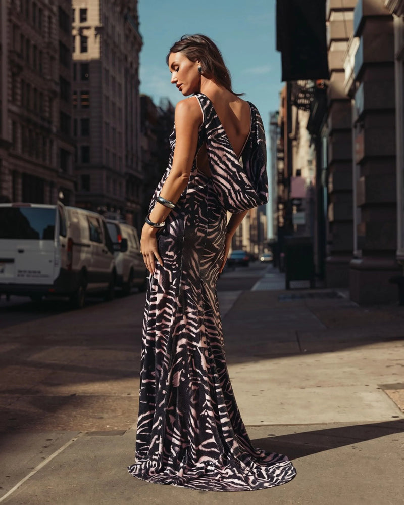 27860-Black and Pink Tiger Print Cowl Back Sequin Gown polyester evening-gowns by Mac Duggal in multi-color for women Worldwide