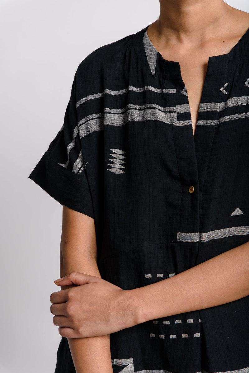 Black striped jamdani shift dress - Black Dress by World of Crow in black color for women Worldwide
