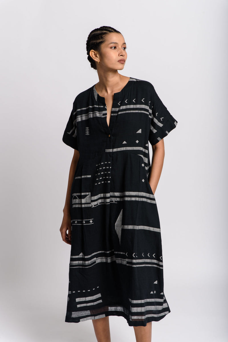 Black striped jamdani shift dress - Black Dress by World of Crow in black color for women Worldwide