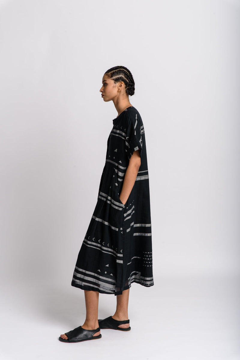 Black striped jamdani shift dress - Black Dress by World of Crow in black color for women Worldwide