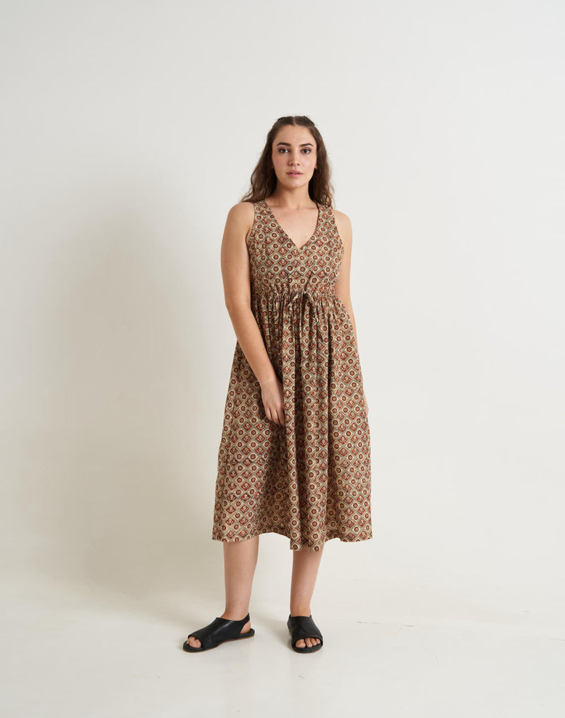 Block printed midi dress - Brown cotton by World of Crow in brown color for women Worldwide