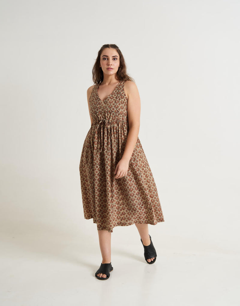 Block printed midi dress - Brown cotton by World of Crow in brown color for women Worldwide
