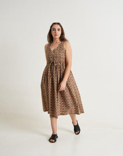 Block printed midi dress - Brown