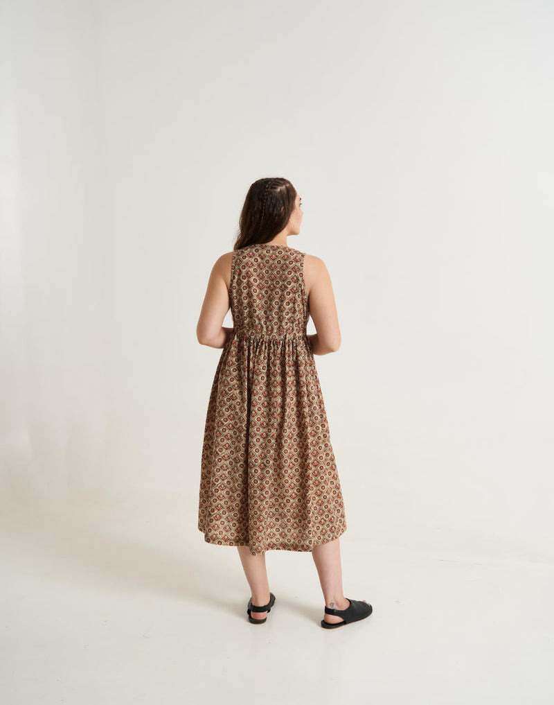 Block printed midi dress - Brown cotton by World of Crow in brown color for women Worldwide