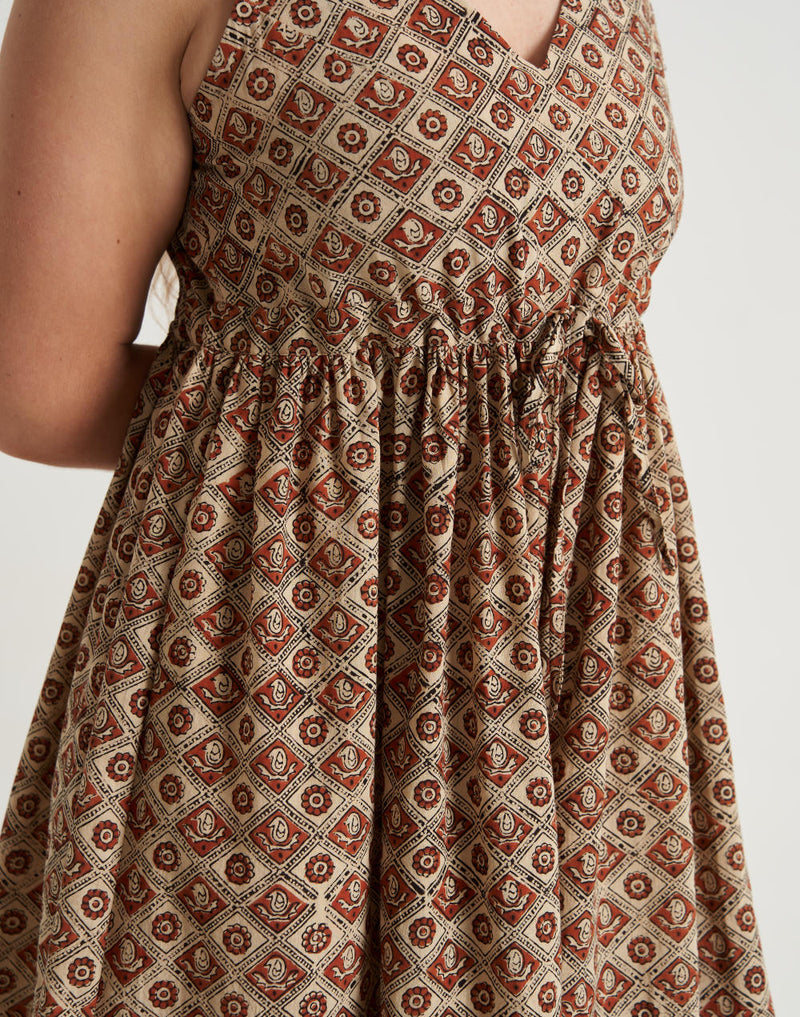 Block printed midi dress - Brown cotton by World of Crow in brown color for women Worldwide