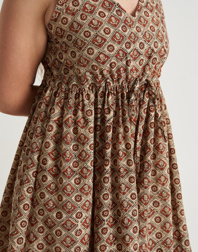 Block printed midi dress - Brown