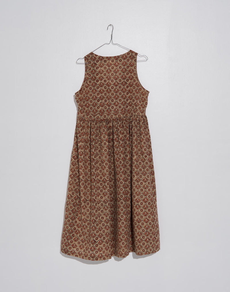 Block printed midi dress - Brown cotton by World of Crow in brown color for women Worldwide