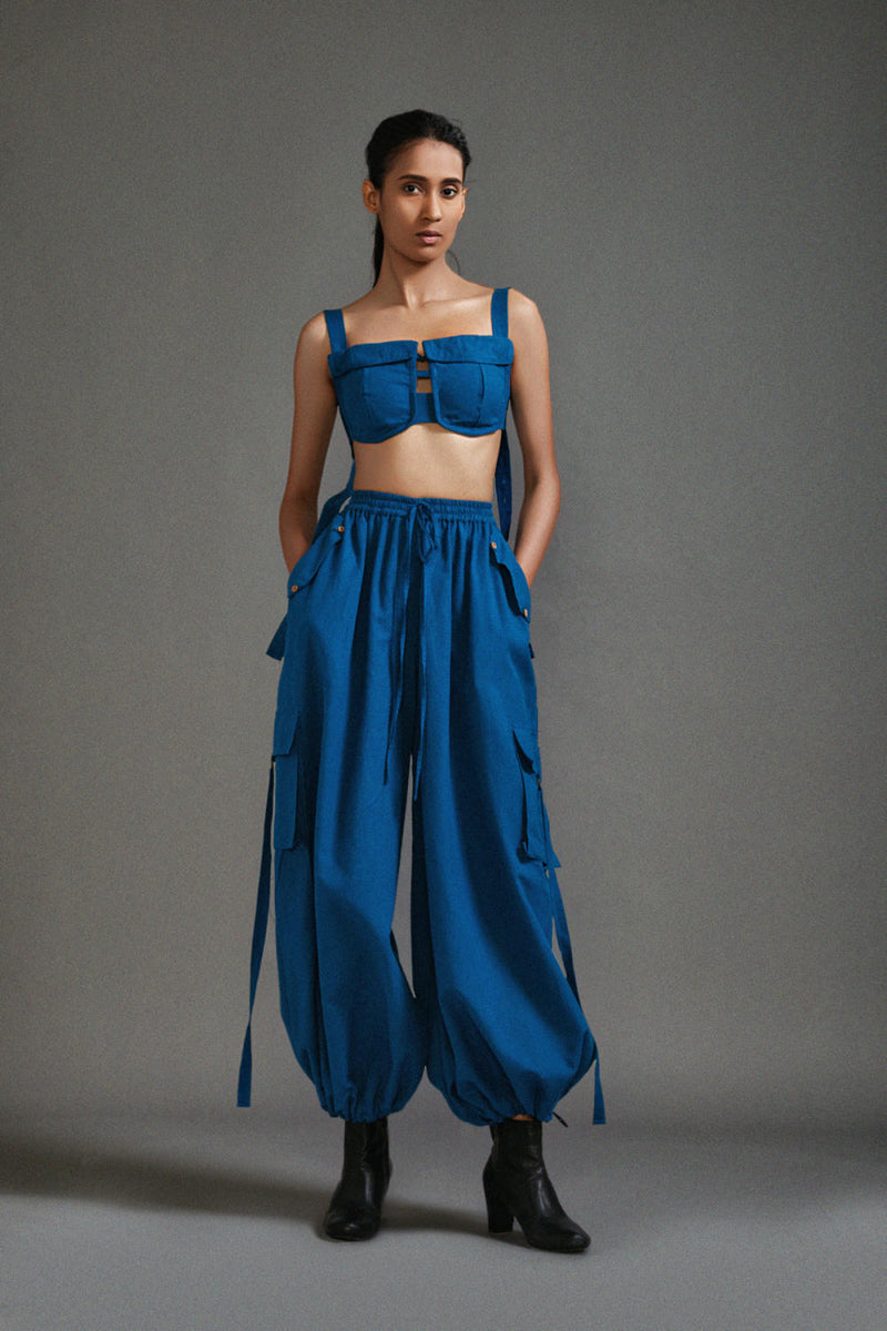 Blue Cargo Pants cotton by Mati in blue color for women Worldwide