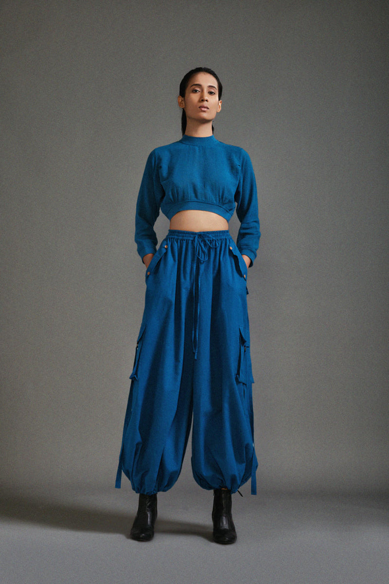 Blue Crop Top and Cargo Set cotton by Mati in blue color for women Worldwide