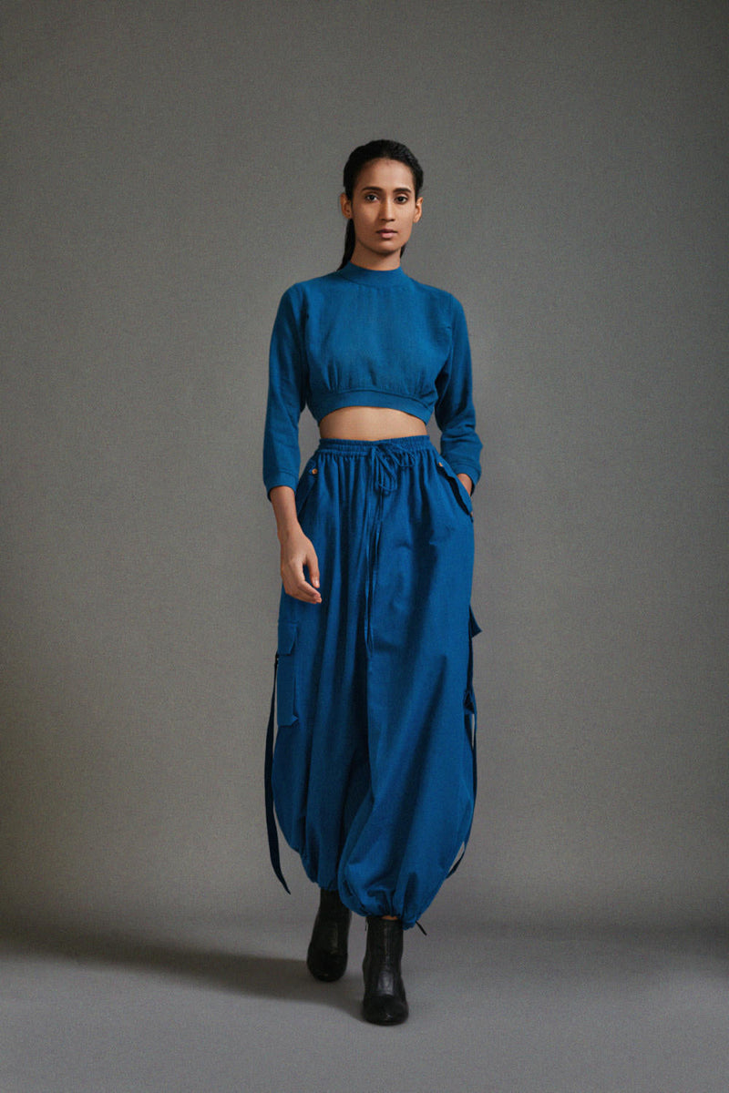Blue Crop Top and Cargo Set cotton by Mati in blue color for women Worldwide