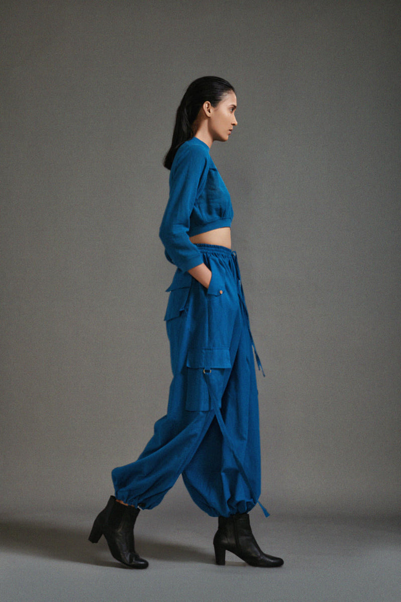 Blue Crop Top and Cargo Set cotton by Mati in blue color for women Worldwide