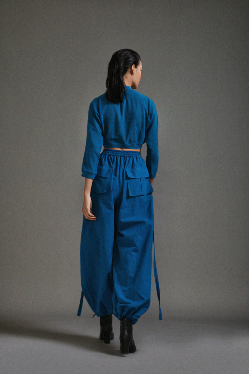 Blue Crop Top and Cargo Set cotton by Mati in blue color for women Worldwide