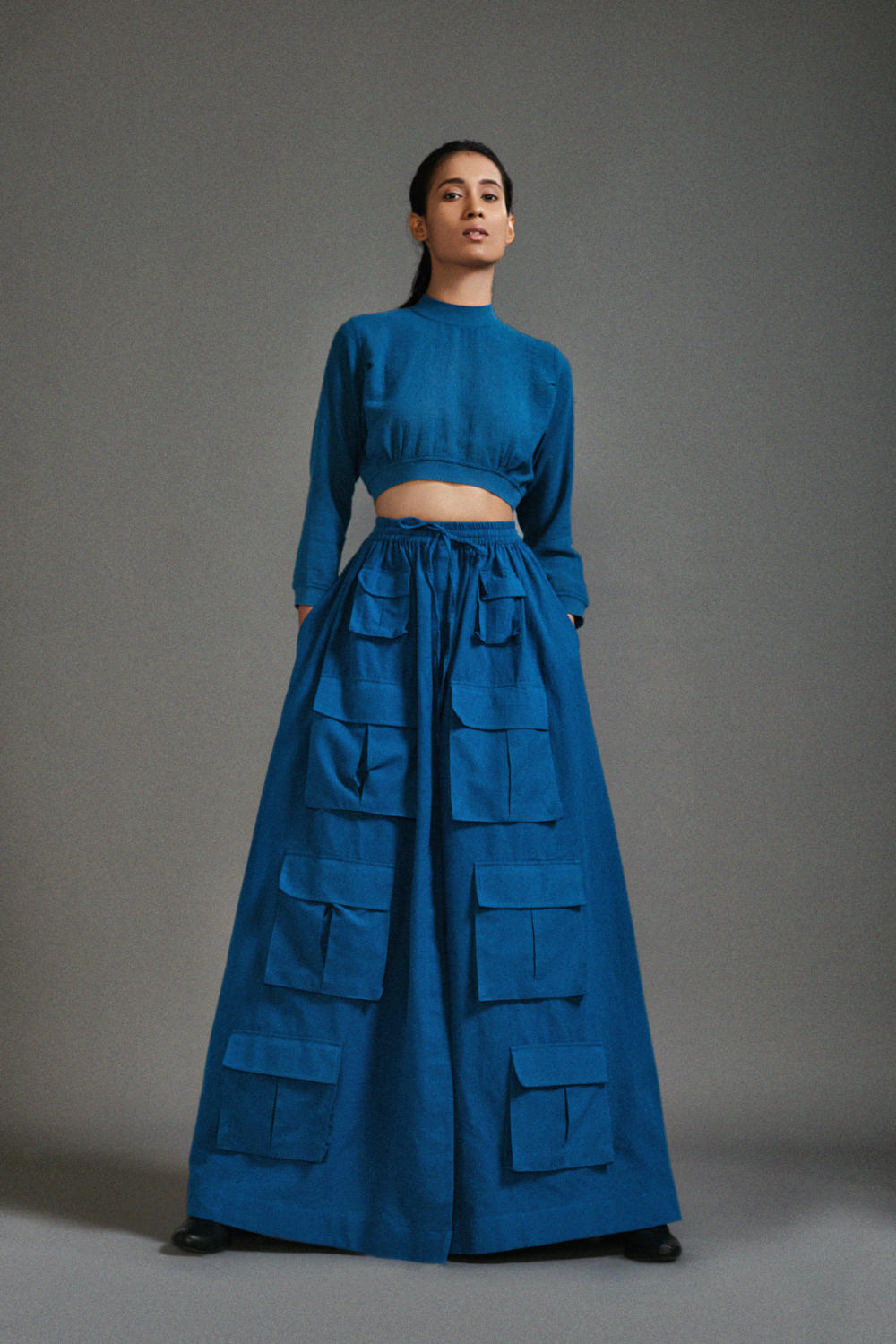 Blue Crop Top and Cargo Skirt Set