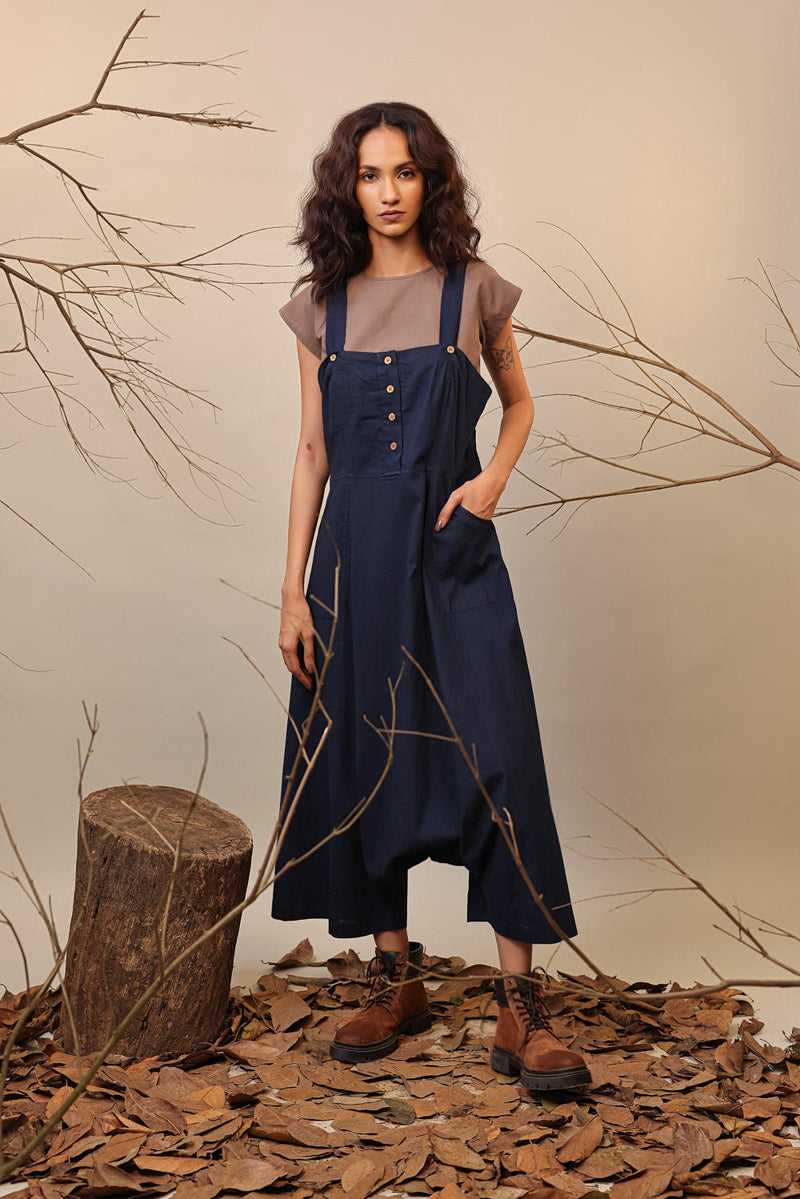 Blue Dungarees 100% cotton by Mati in blue color for women Worldwide