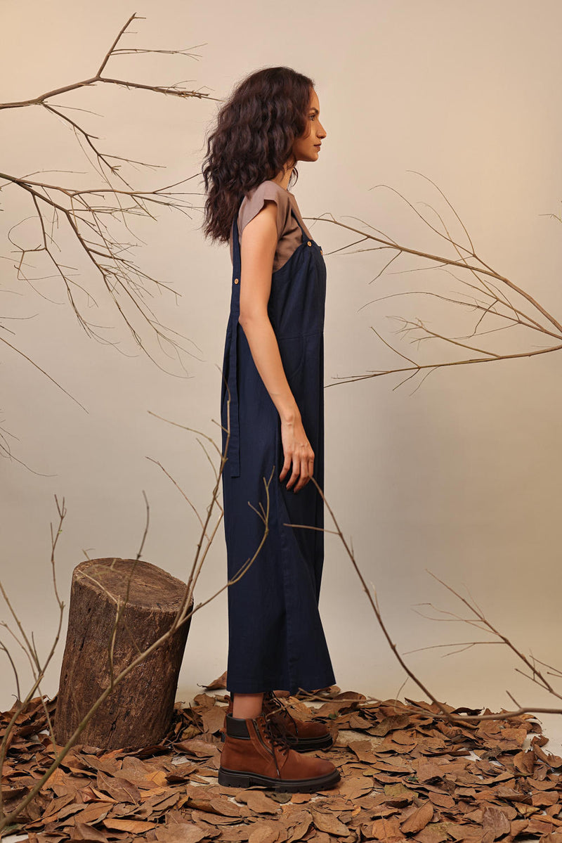 Blue Dungarees 100% cotton by Mati in blue color for women Worldwide