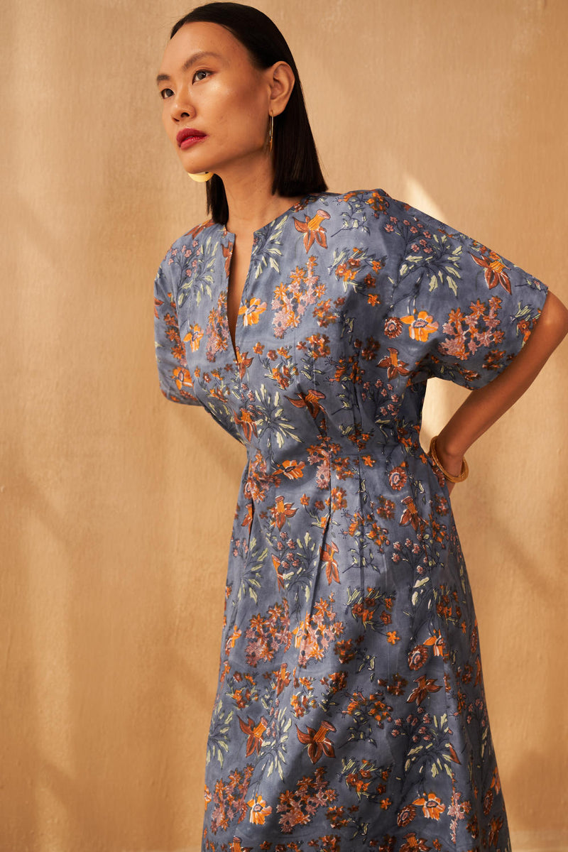 Blue Fields Organic Cotton Midi Dress poplin by SUI in navy color for women Worldwide