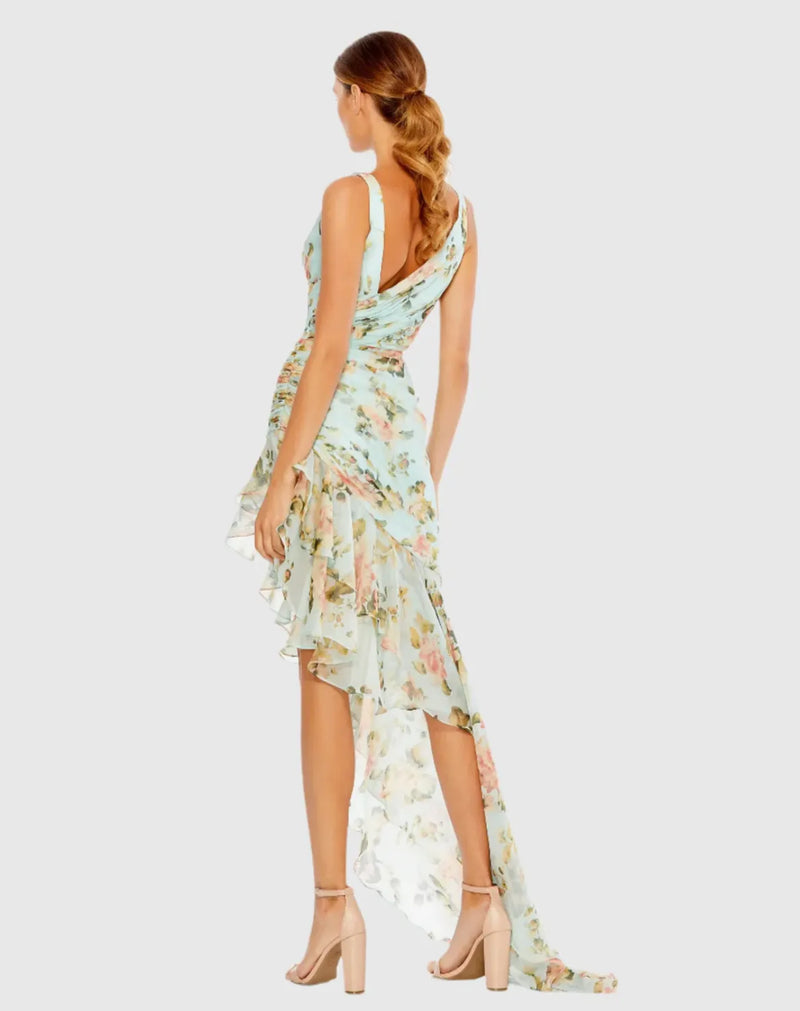 Blue Floral Print Asymmetrical Ruffle Hem Dress chiffon by Mac Duggal in blue color for women Worldwide