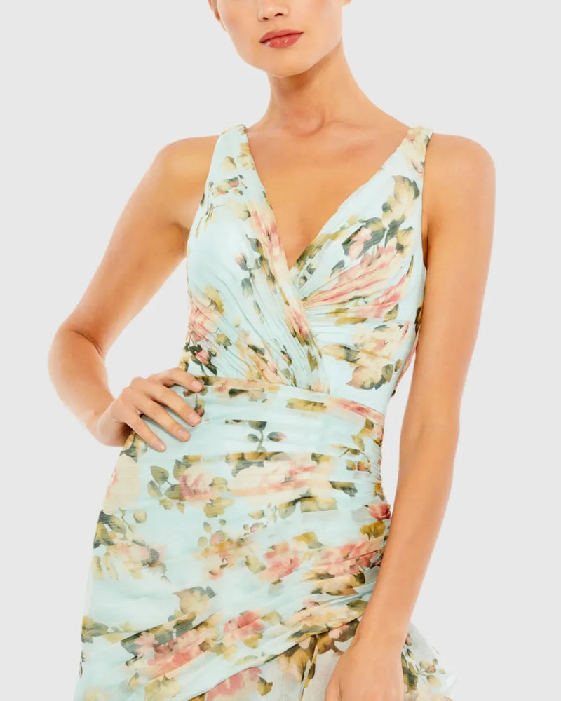 Blue Floral Print Asymmetrical Ruffle Hem Dress chiffon by Mac Duggal in blue color for women Worldwide