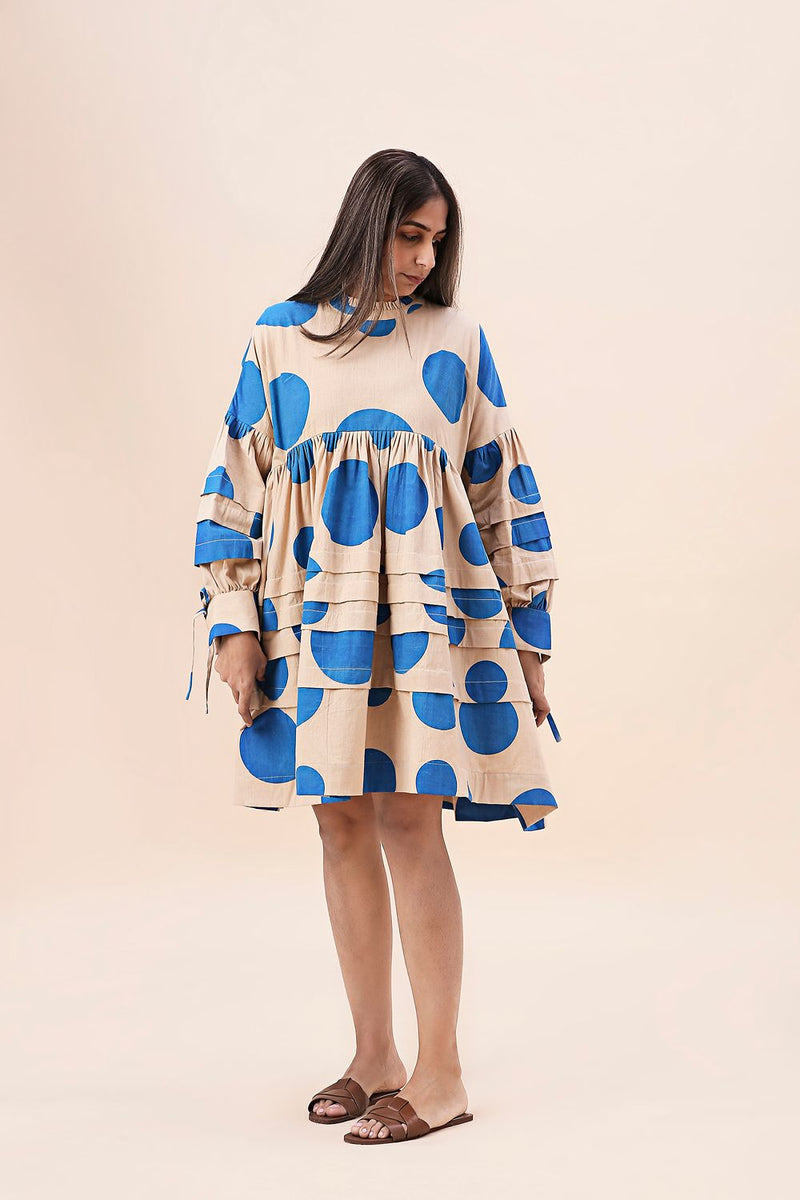 Blue Hand Block Printed Polka Avira Dress cotton by Mati in blue color for women Worldwide
