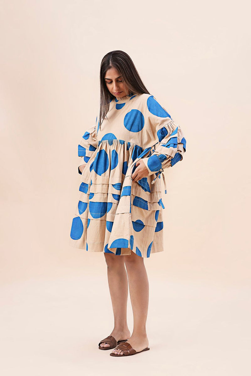Blue Hand Block Printed Polka Avira Dress cotton by Mati in blue color for women Worldwide
