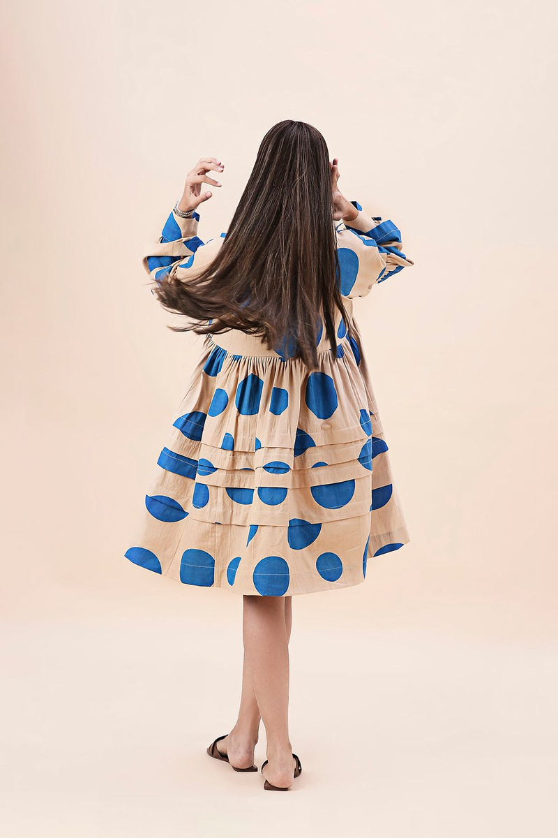 Blue Hand Block Printed Polka Avira Dress cotton by Mati in blue color for women Worldwide
