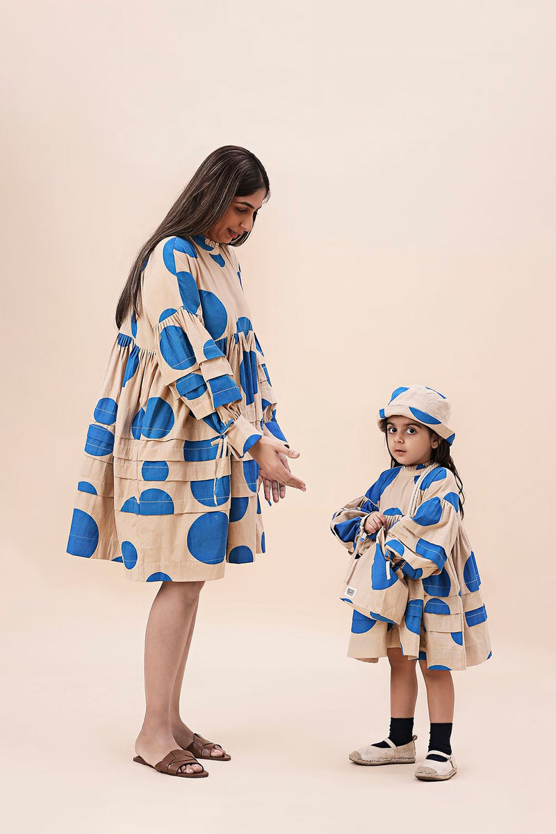 Blue Hand Block Printed Polka Avira Dress cotton by Mati in blue color for women Worldwide