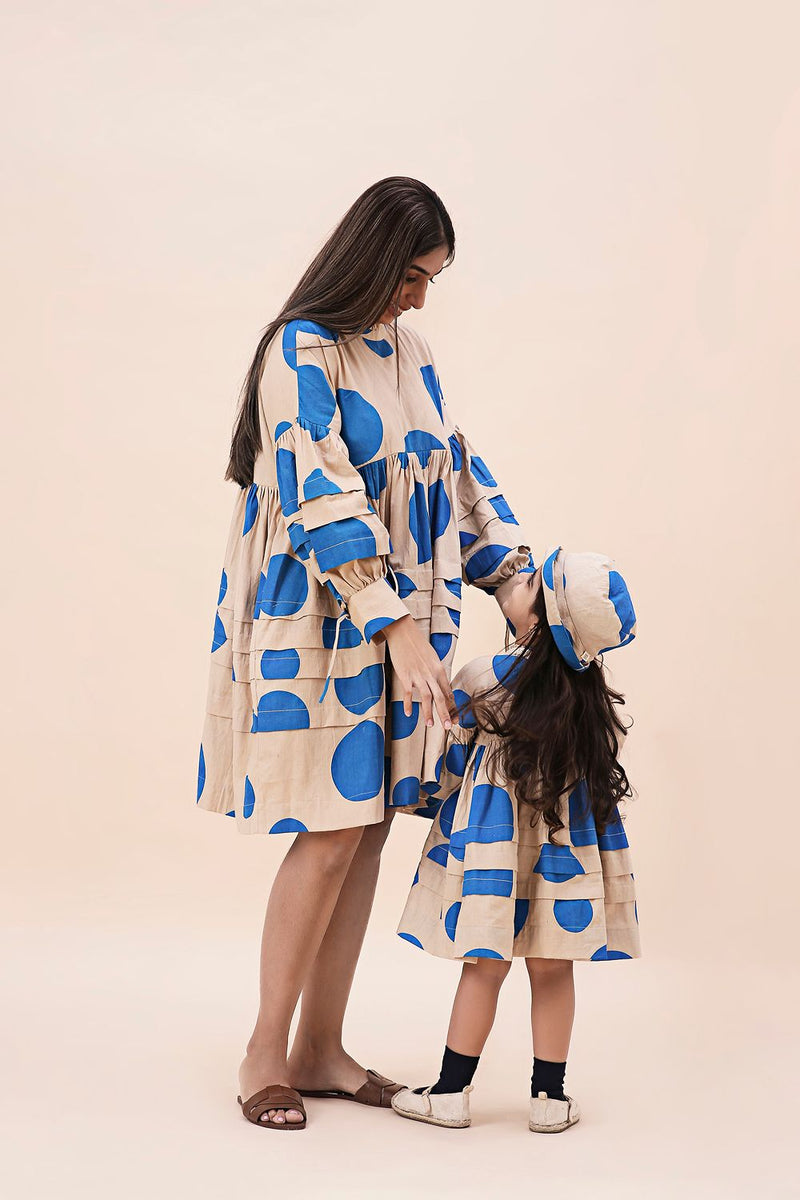 Blue Hand Block Printed Polka Avira Dress cotton by Mati in blue color for women Worldwide