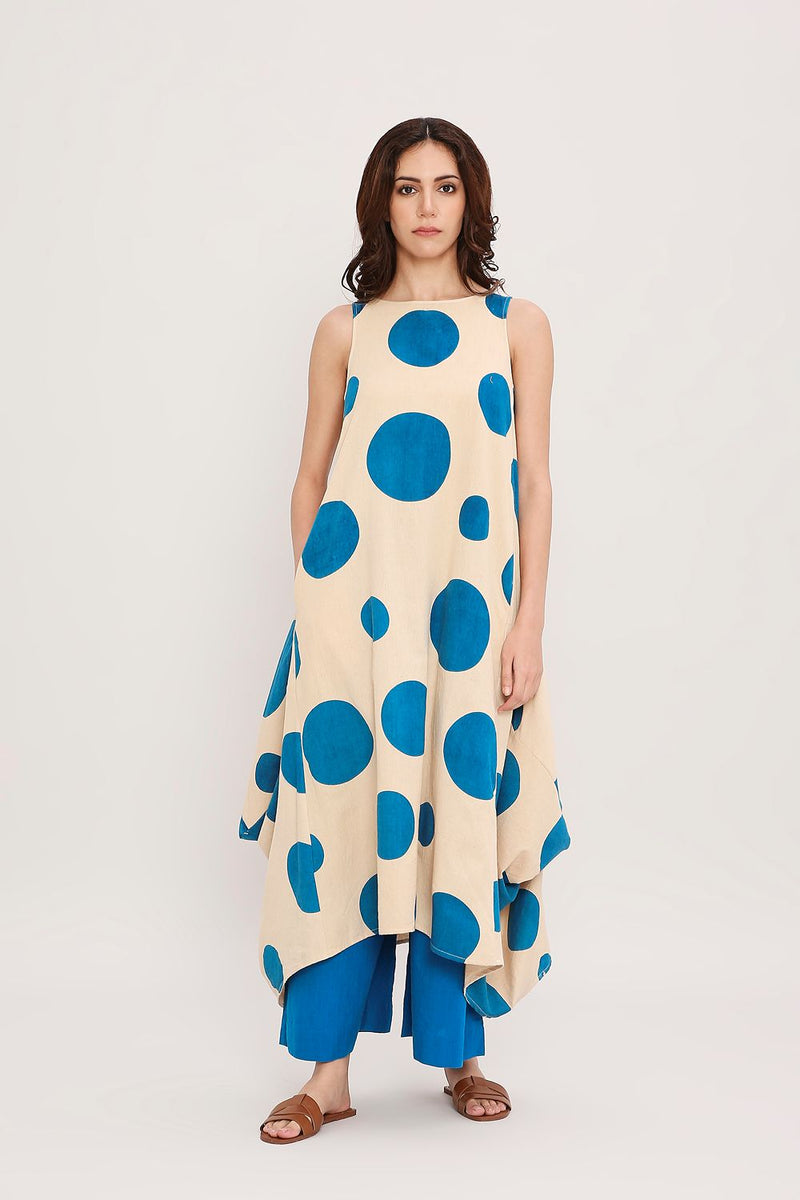 Blue Hand Block Printed Polka Vari Co-ord Set (2 PCS) cotton by Mati in blue color for women Worldwide