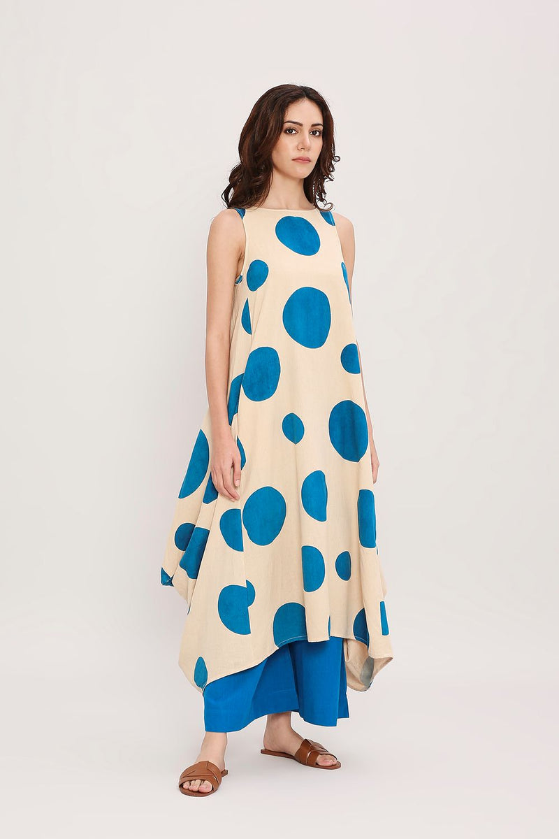Blue Hand Block Printed Polka Vari Co-ord Set (2 PCS) cotton by Mati in blue color for women Worldwide