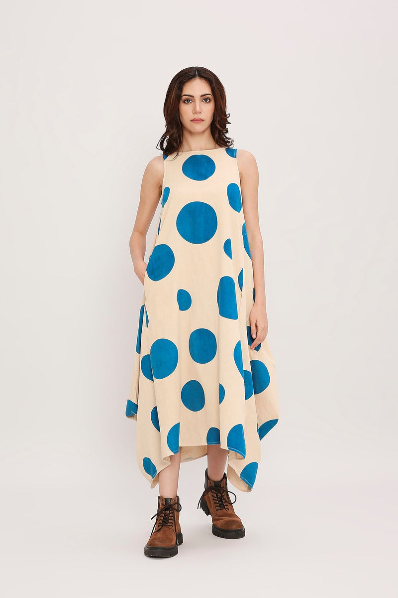 Blue Hand Block Printed Polka Vari Dress cotton by Mati in blue color for women Worldwide