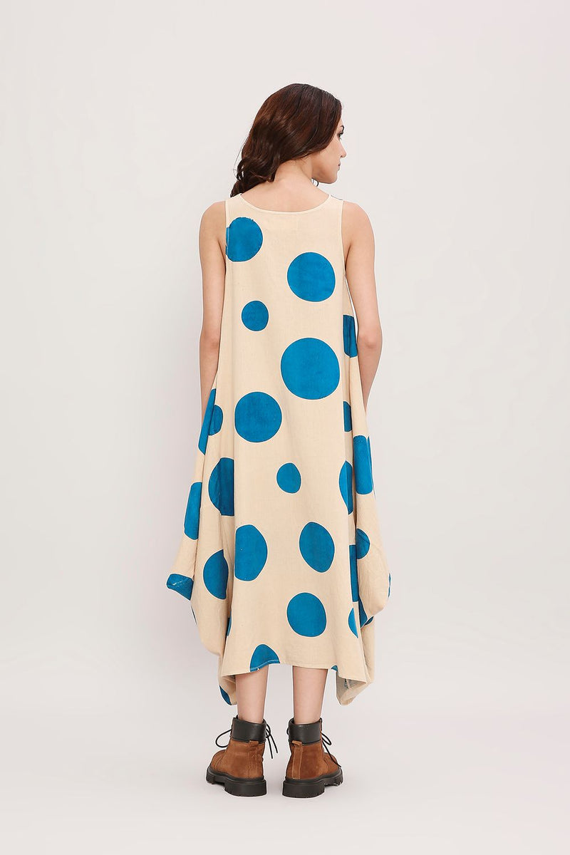 Blue Hand Block Printed Polka Vari Dress cotton by Mati in blue color for women Worldwide