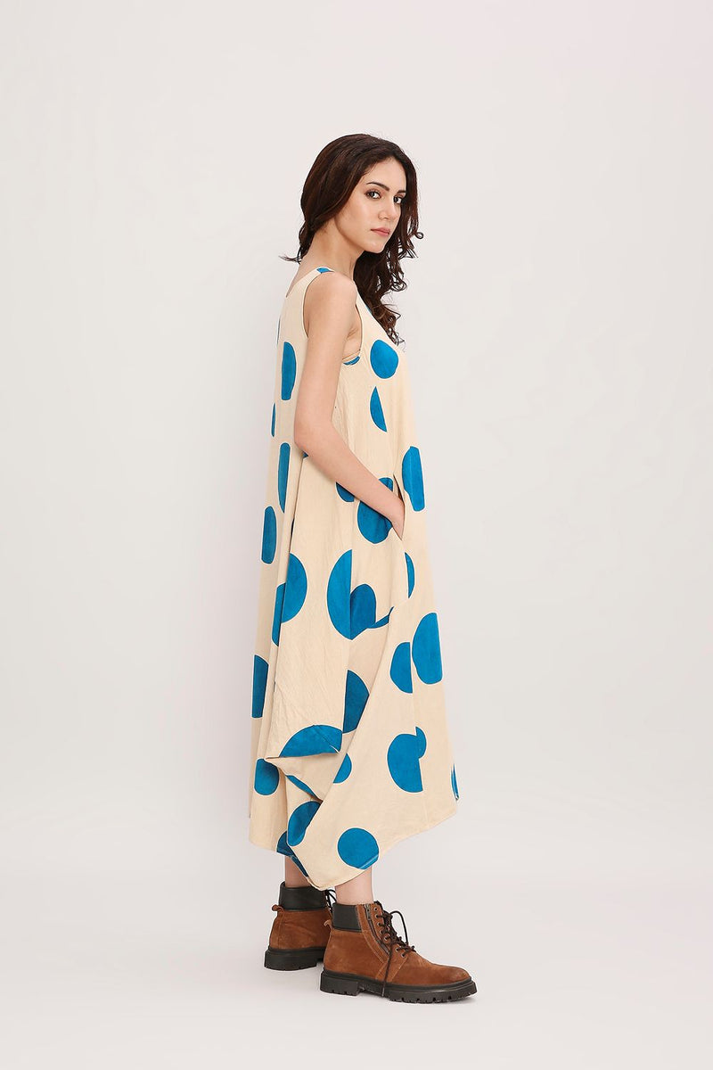Blue Hand Block Printed Polka Vari Dress cotton by Mati in blue color for women Worldwide