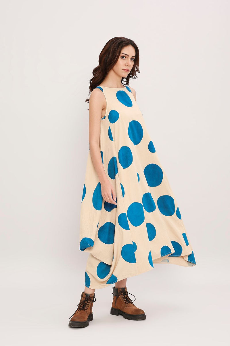 Blue Hand Block Printed Polka Vari Dress cotton by Mati in blue color for women Worldwide