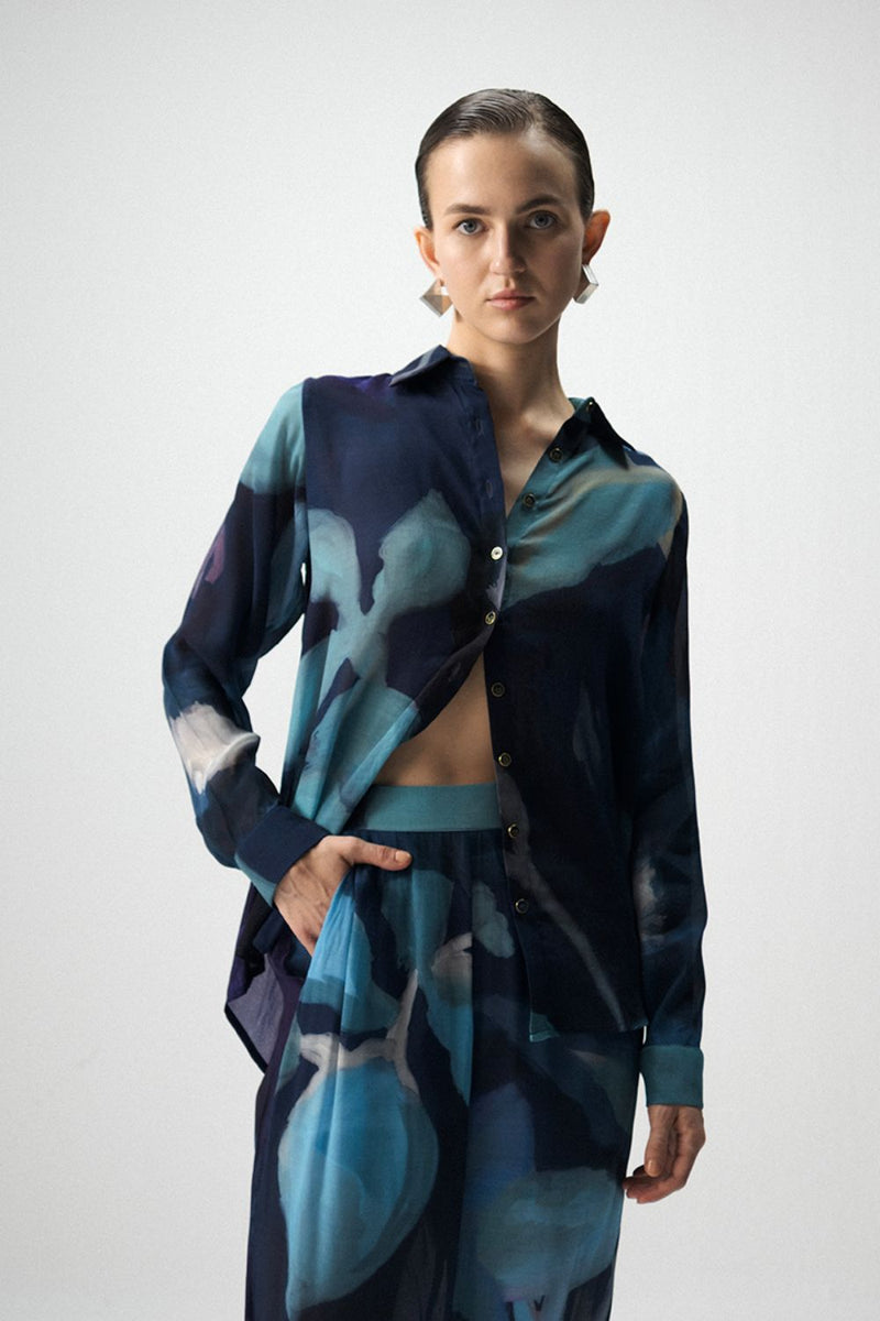 BLUE LAGOON CREPE CO-ORD by Yam in blue color for women Worldwide